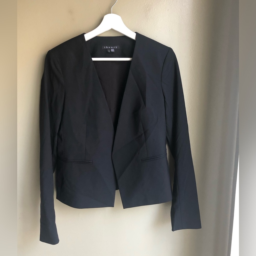 Theory Lanai Open Front Stretch Wool Blazer Black Size: 4